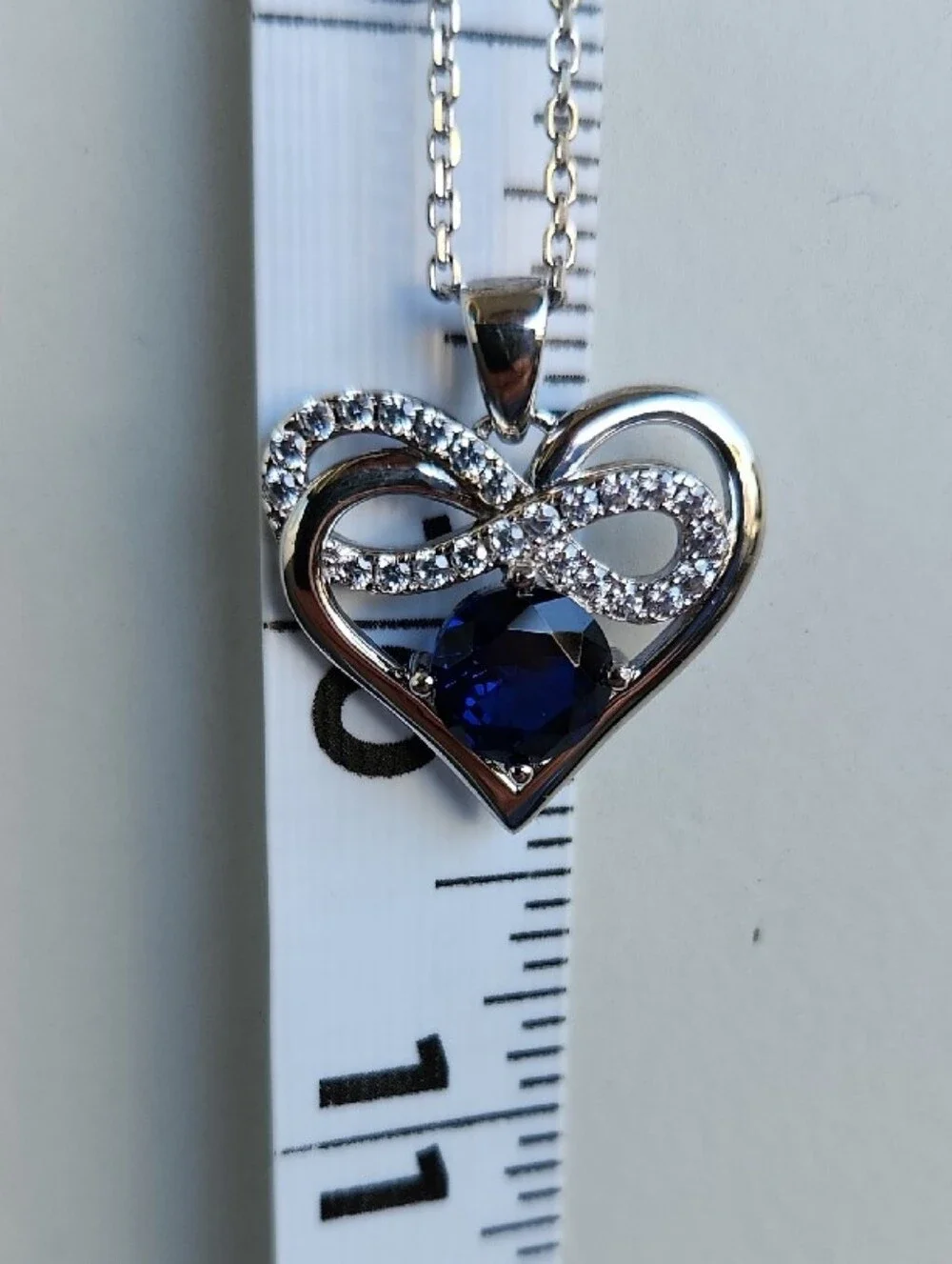 Sterling Silver Infinity Heart Pendant Necklace Blue CZ 19" Adjustable Chain - Picture 7 of 8